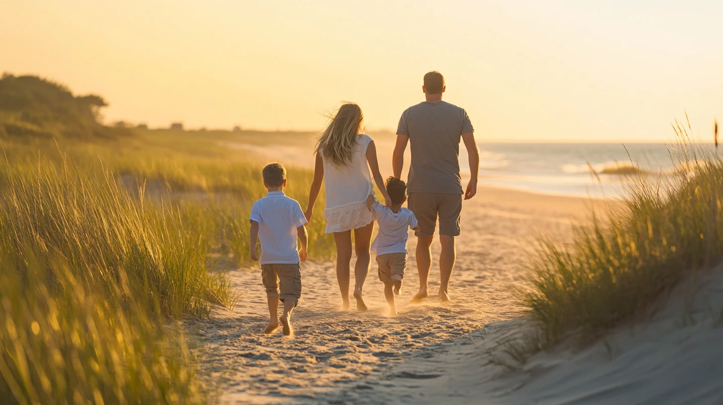 Family portrait on the dunes at Duxbury Beach at golden hour